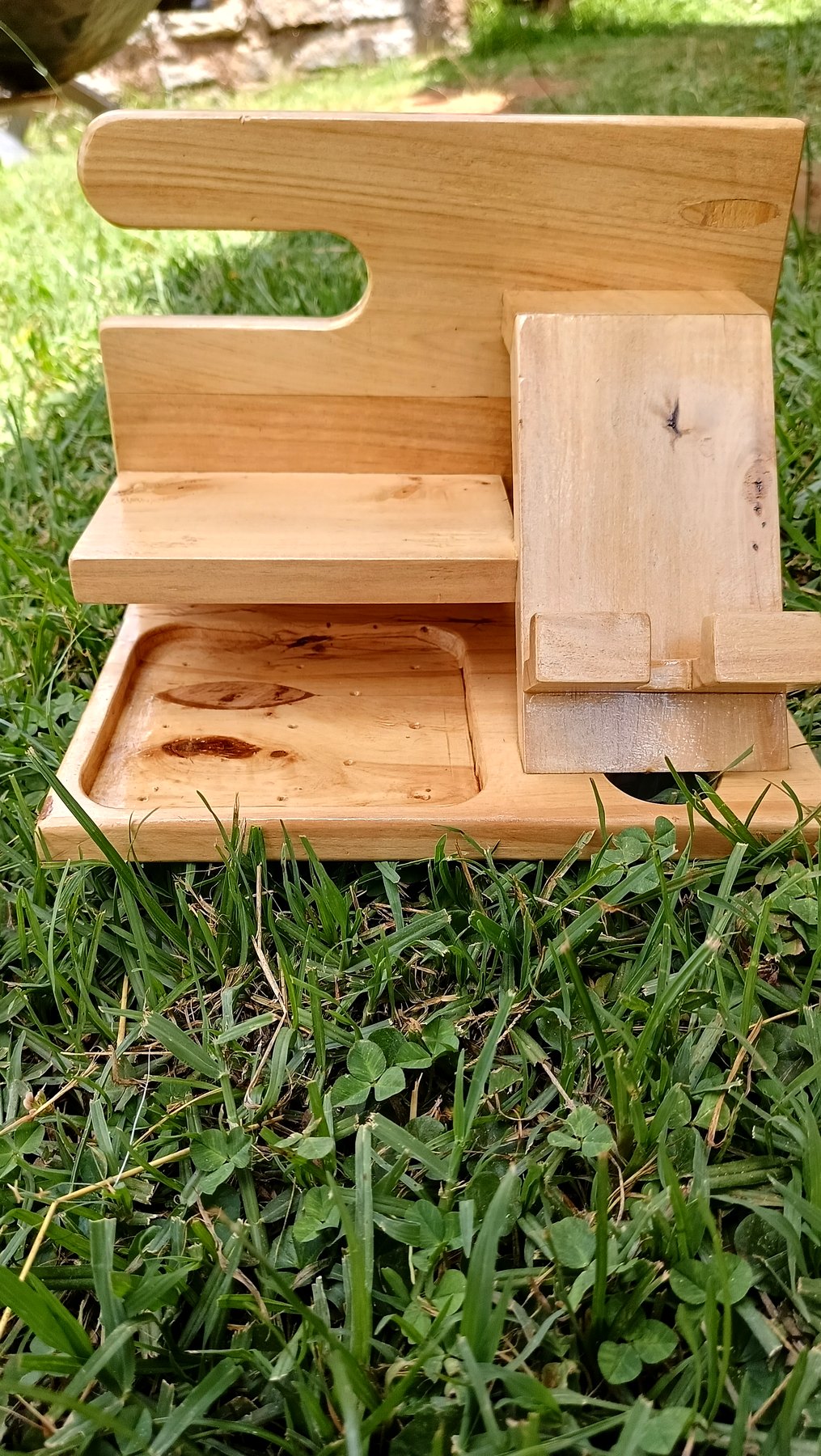 Wooden desk organizer with phone stand and watch slot